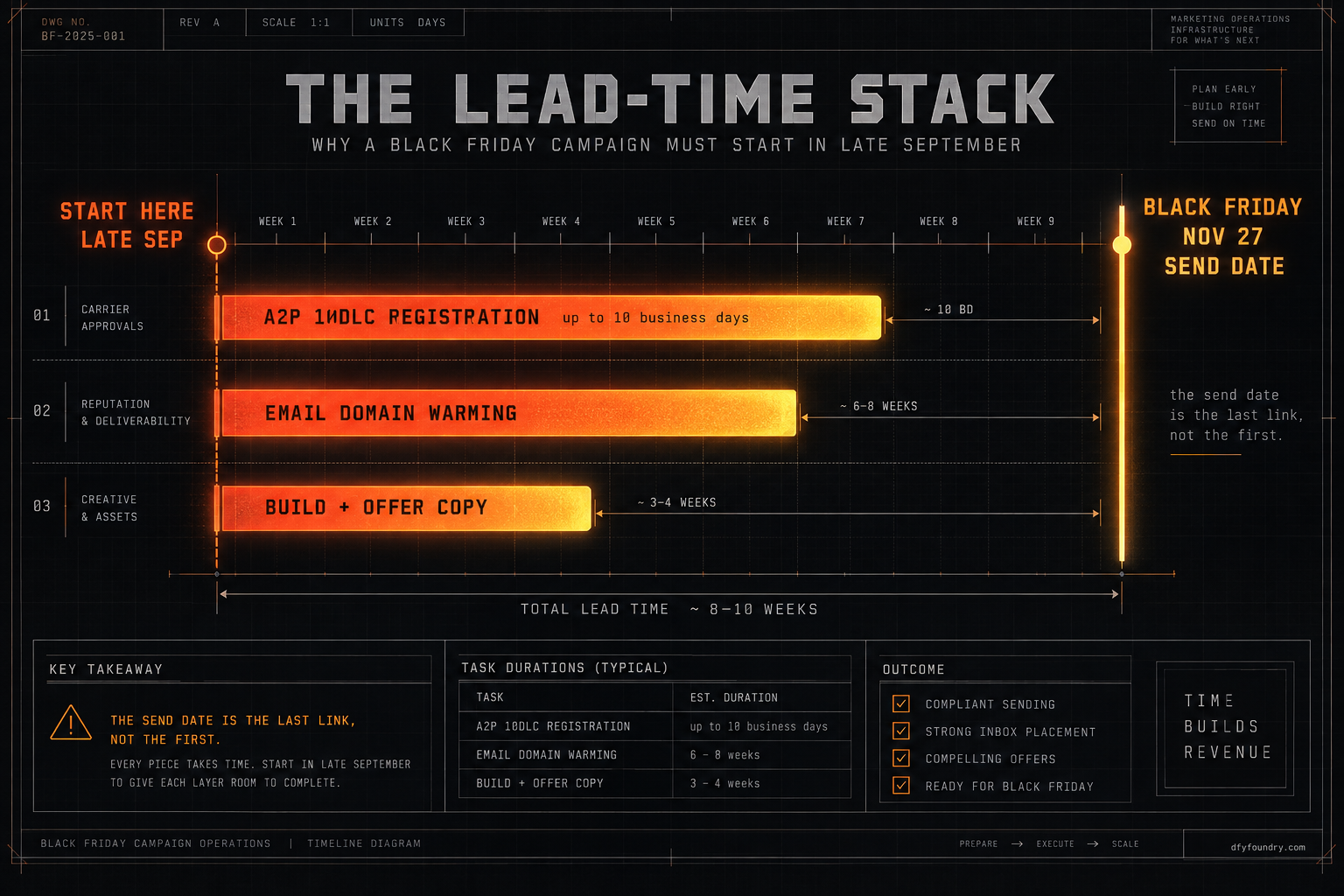A works-drawing timeline titled The Lead-Time Stack, showing why a Black Friday campaign must start in late September. Three molten bars run left to right toward a November 27 send date: A2P 10DLC registration at up to ten business days, email domain warming at six to eight weeks, and build plus offer copy at three to four weeks, over a total lead time of about eight to ten weeks, with a note that the send date is the last link, not the first.