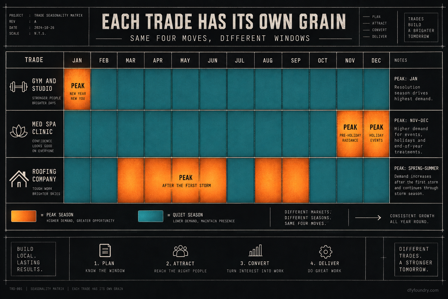 A works-drawing seasonality matrix titled Each Trade Has Its Own Grain, with a January-to-December month grid and three trade rows. The gym-and-studio row marks January as its peak on New Year resolutions, the med spa clinic row marks November and December as its peak on holiday gifting, and the roofing company row marks a scattered spring-to-summer window peaking after the first storm, with the quiet months shown in quench teal, under the caption same four moves, different windows.