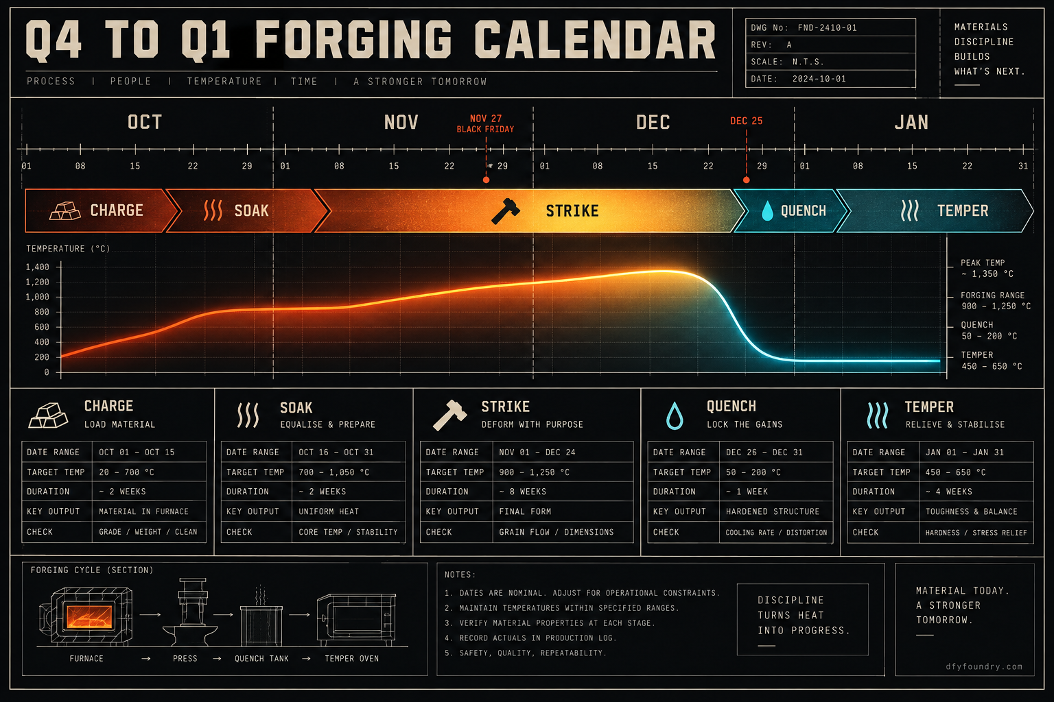 A works-drawing forging calendar running October to January across the top, with the five line stages CHARGE, SOAK, STRIKE, QUENCH and TEMPER laid under the months, a heat gauge rising ember-red through amber toward the December peak and cooling to quench teal for the January reset.