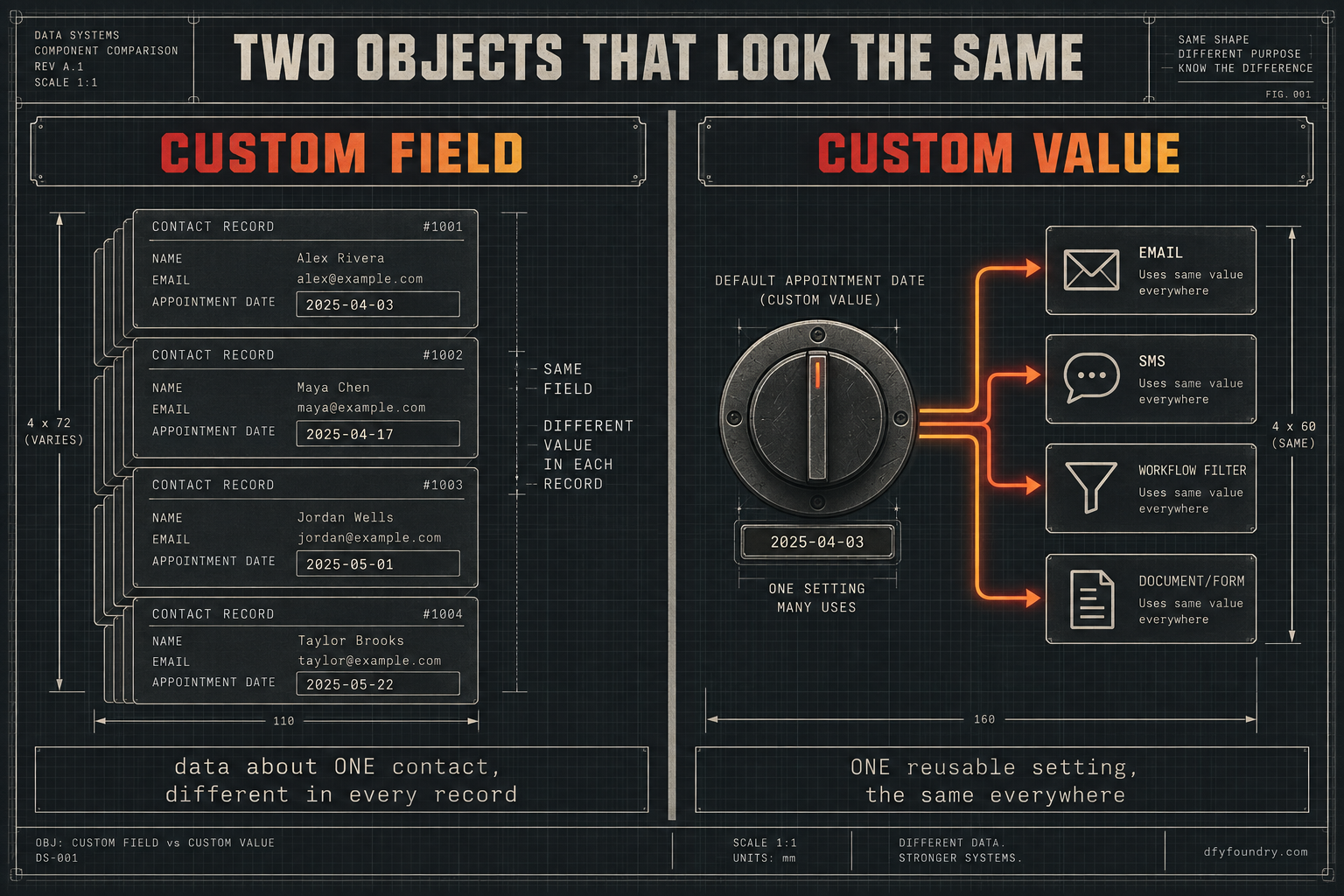 A works drawing comparing a custom field and a custom value side by side. The custom field is drawn as a stack of contact records, each holding a different appointment date, labelled data about one contact, different in every record. The custom value is drawn as a single dial feeding one identical date out to an email, an SMS, a workflow filter and a document, labelled one reusable setting, the same everywhere.