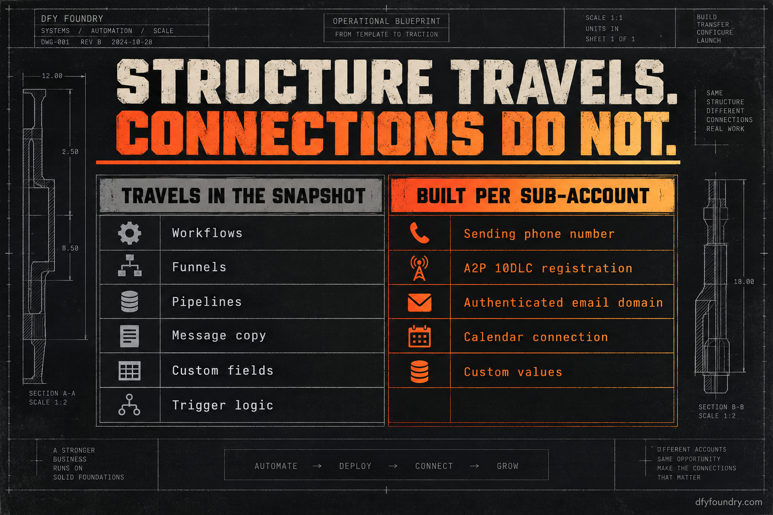 A two-column works drawing. The left column, in slag grey, lists what travels inside a snapshot: workflows, funnels, pipelines, message copy, custom fields and trigger logic. The right column, in molten accent, lists what has to be built per sub-account: sending phone number, A2P 10DLC registration, authenticated email domain, calendar connection and custom values.