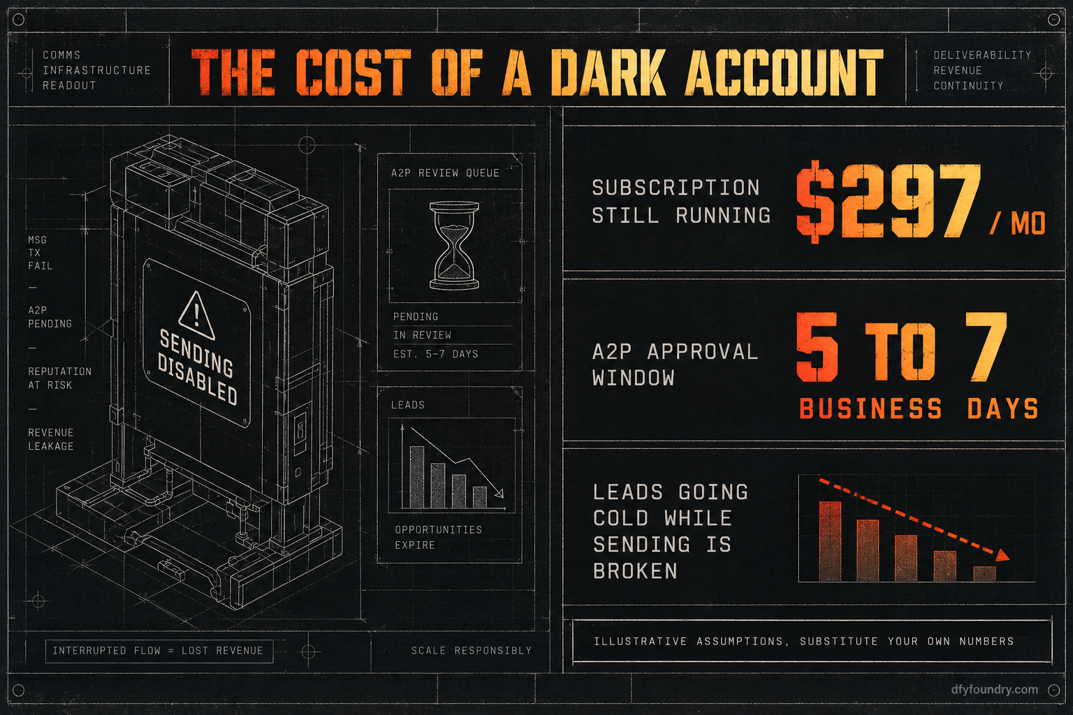 A works-drawing readout titled The Cost of a Dark Account, showing a control panel stamped Sending Disabled beside three figures: subscription still running at 297 dollars a month, an A2P approval window of five to seven business days, and leads going cold while sending is broken, under a caption reading illustrative assumptions, substitute your own numbers.