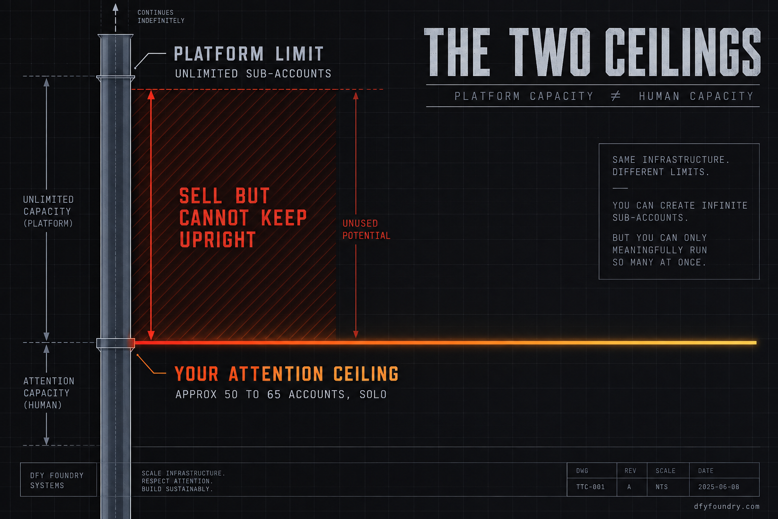 A works drawing titled The Two Ceilings. A tall charcoal column labelled platform limit runs off the top of the frame marked unlimited sub-accounts, while a much lower molten line partway up is labelled your attention ceiling, roughly fifty to sixty-five accounts for a solo operator. The wide gap between them is shaded and labelled the accounts you can sell but cannot keep upright.