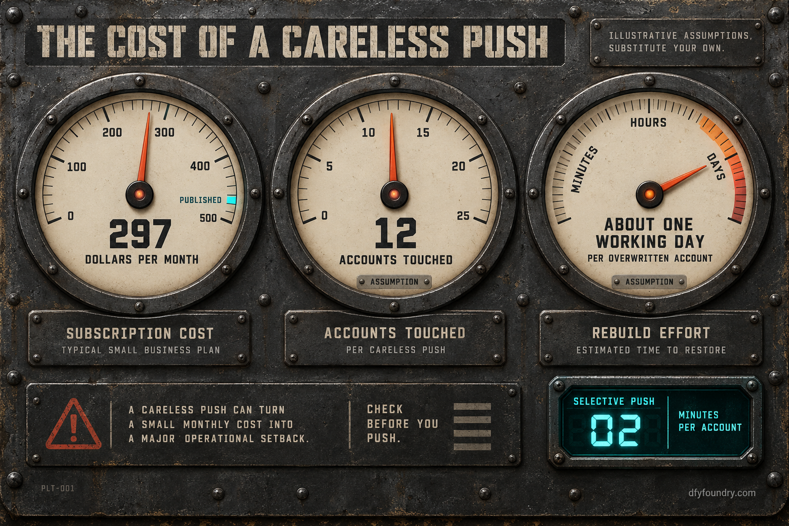 A works-drawing instrument panel titled the cost of a careless push, marked illustrative assumptions substitute your own, showing a subscription meter at 297 dollars a month ticked as published, a dial for accounts touched set to twelve, a redo gauge reading about one working day per overwritten account labelled assumption, and a small teal readout for the selective push reading minutes per account.