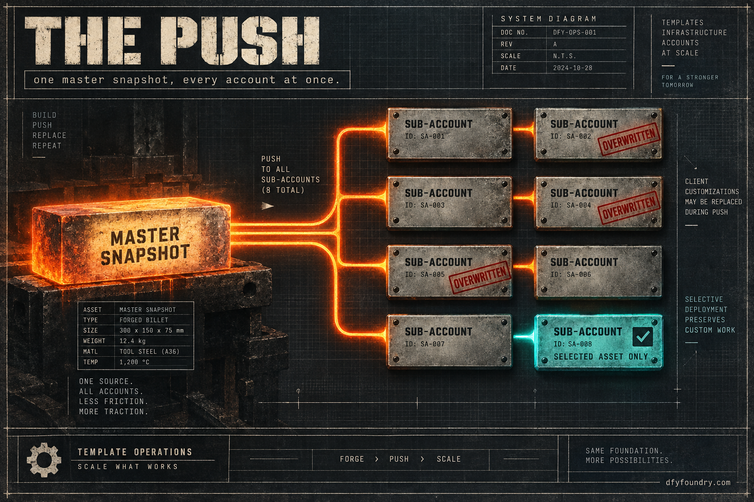 A works-drawing titled The Push showing one master billet feeding a molten line that splits into eight stamped sub-account slabs, three slabs flagged in ember red where a push overwrote a client customization, the safe route to one slab lit in quench teal.