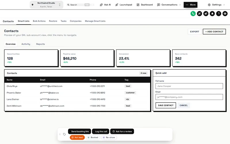 GoHighLevel contact page with a contact actions bar of quick tag chips and buttons for sending a booking link, logging a call and asking for a review