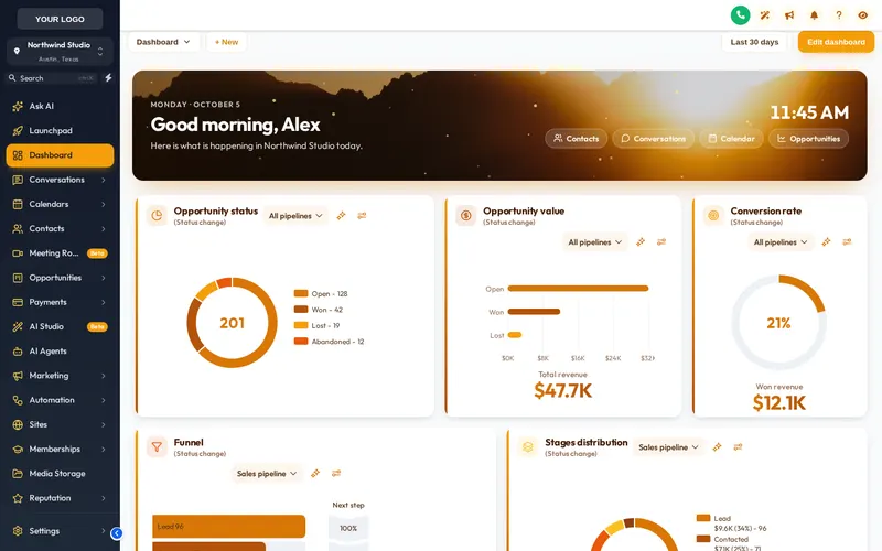 GoHighLevel sub-account dashboard with the Golden Hour design, a sunset mountain photo banner greeting the user and amber widget cards