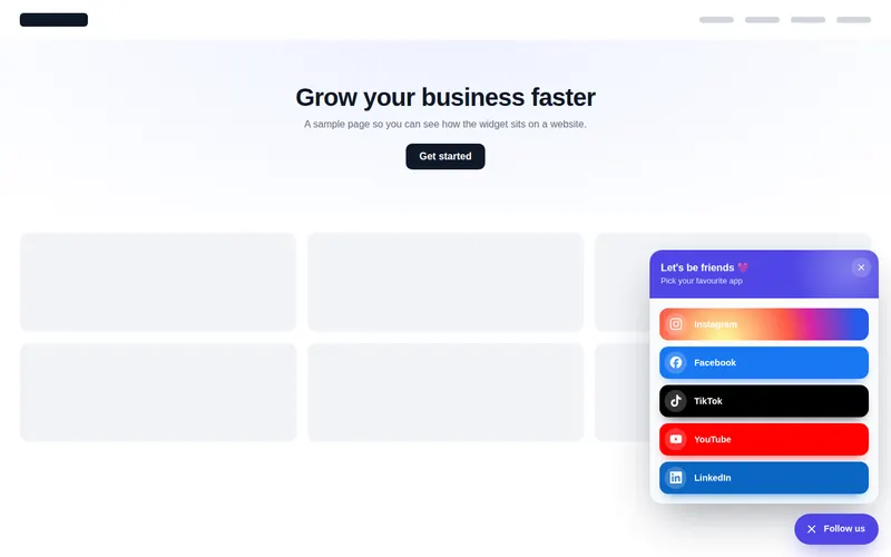 Follow us card floating widget open in the corner of a sample website, with buttons for Instagram, Facebook, TikTok, YouTube and LinkedIn