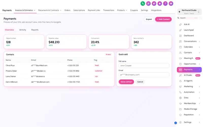 GoHighLevel payments page in the Holo Pearl theme with the sidebar menu docked on the right-hand side