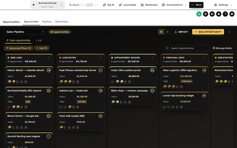 GoHighLevel opportunities board in the Obsidian Gold design with black columns, gold stage colours and deal cards