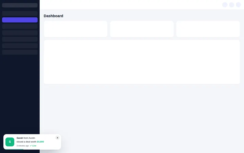 Team wins feed popup in the bottom-left corner of a sample GoHighLevel dashboard announcing that a teammate closed a deal