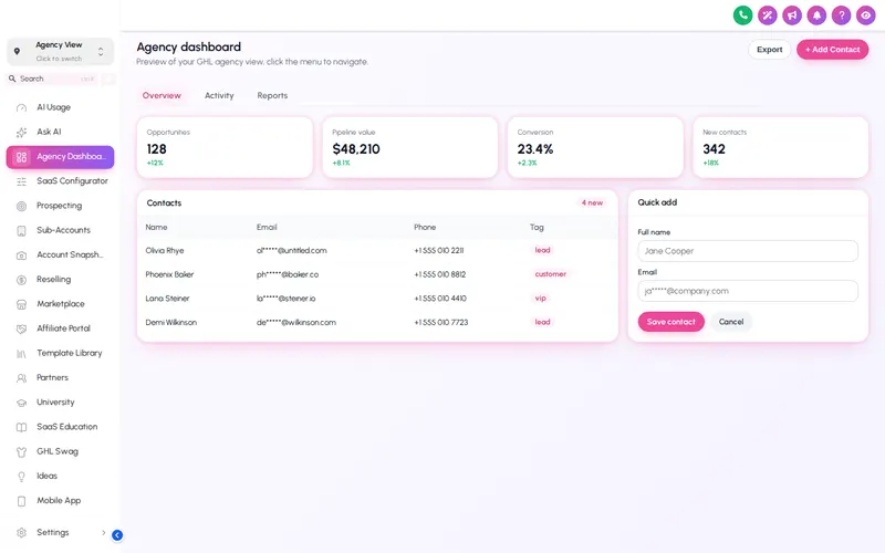 GoHighLevel agency view restyled with the Holo Pearl pearl white and pink-violet theme